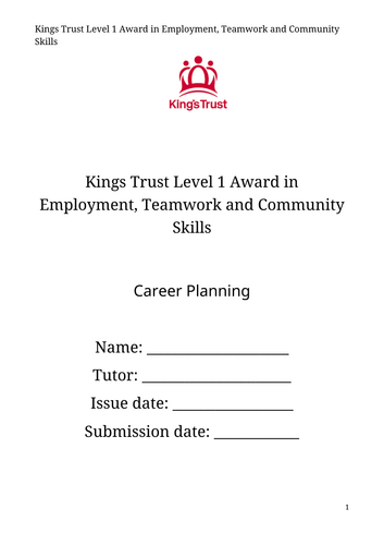 Kings Trust Career Planning Level 1 booklet and lessons