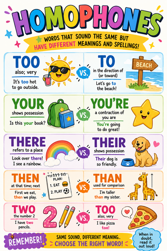 Homophones Classroom Display Poster | Literacy & SPaG Visual Aid | Grammar Resource