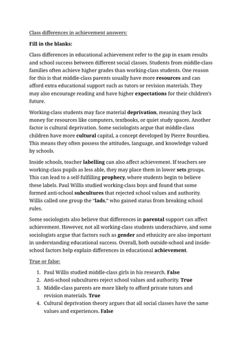 GCSE Sociology - WJEC - A3 revision worksheets - education