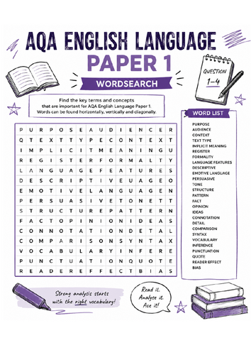 AQA English Language Paper 1 Wordsearch Revision Activity | GCSE Exam Vocabulary