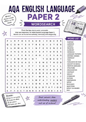 AQA English Language Paper 2 Wordsearch Revision Activity | GCSE Exam Vocabulary