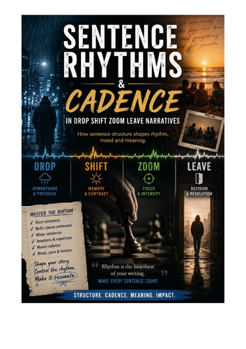 Sentence Cadence Rhythm in a drop, shift, zoom, leave narrative.