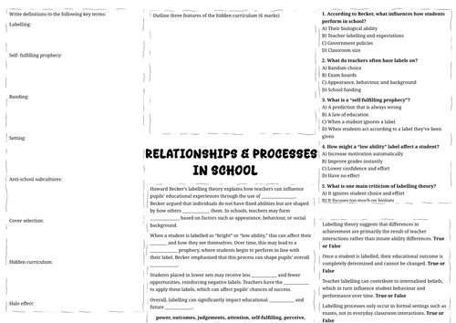A-Level Sociology AQA - Education - Unit 3 revision sheet - relationships and processes