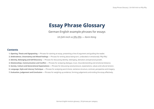 Ich fühl mich so fifty-fifty – Karin König – German-English Essay Phrase Glossary
