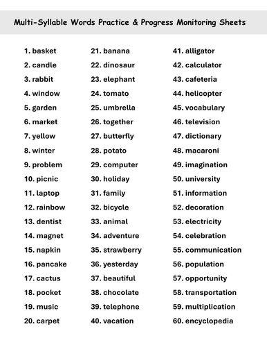 Multi-Syllable Word Practice Worksheets | Progress Tracking Sheets