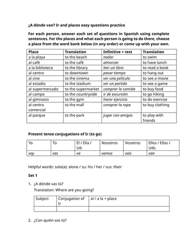 ¿A dónde van? Ir and places easy questions practice