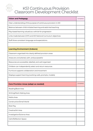 KS1 Continuous Provision Classroom Checklist
