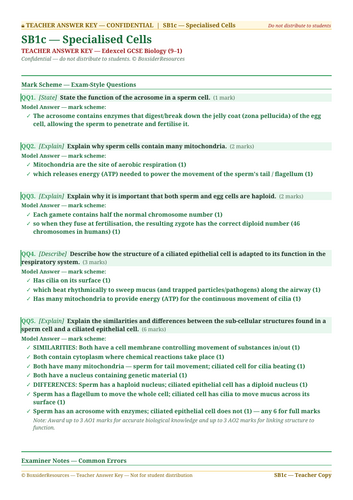 SB1c Specialised Cells | Edexcel GCSE Biology Topic Mastery Pack