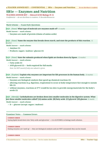 SB1e Enzymes and Nutrition | Edexcel GCSE Biology Topic Mastery Pack