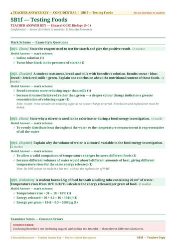 SB1f Testing Foods | Edexcel GCSE Biology Topic Mastery Pack