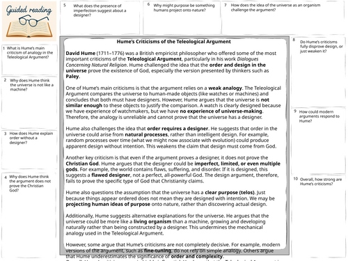 A-Level Religious Studies existence of God Humes criticisms of teleological argument
