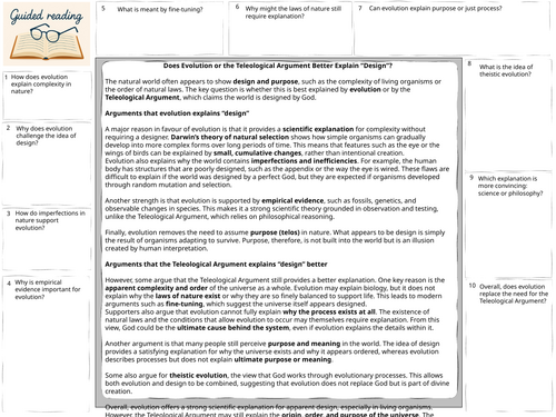 A-Level Religious studies existence of  God Evolution or the Teleological Argument Guided reading