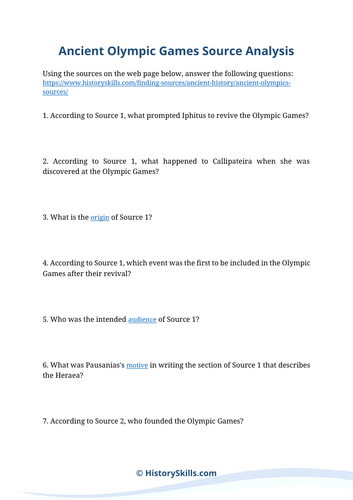 Ancient Greek Olympic Games Source Analysis Worksheet