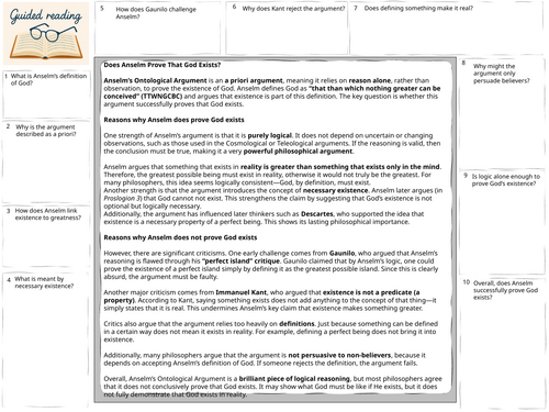 A-Level Religious Studies existence of God Anselm's ontological Arg Guided Reading