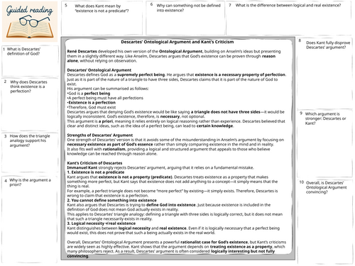 A-Level Religious Studies existence of God Descartes ontological Argument Guided Reading