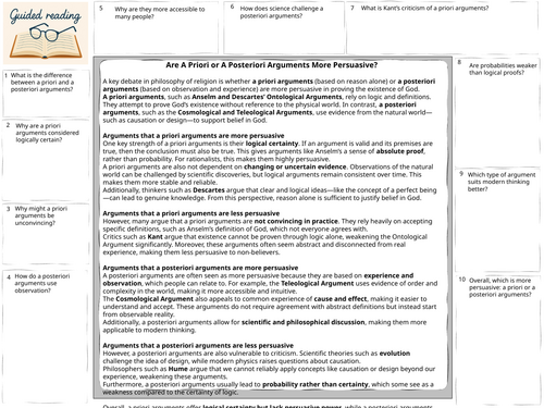 A-Level Religious Studies existence of God A Priori and A posteriori arguments Guided Reading