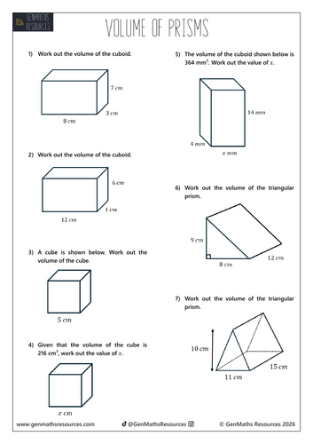 Volume of Prisms - Maths GCSE Foundation Worksheet