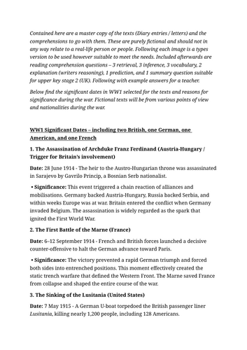 WW1 Fictional Diary and Letter reading comprehension