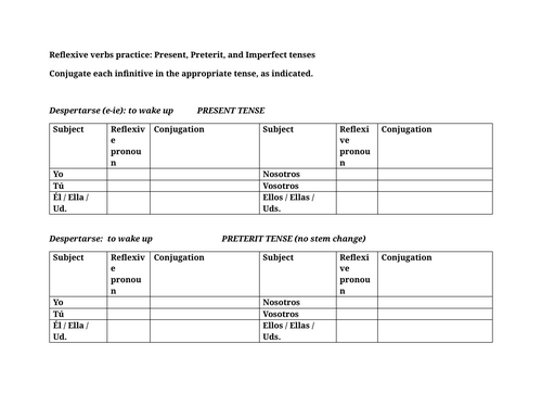 Reflexive verbs practice: Present, Preterit, and Imperfect tenses