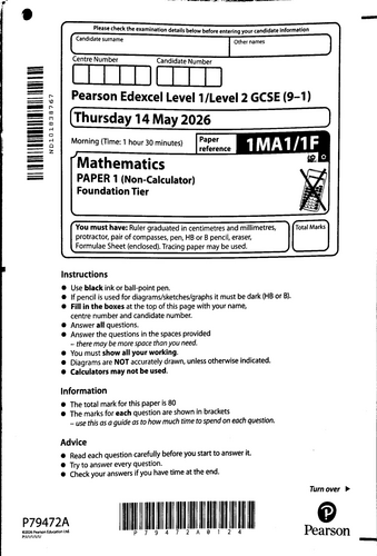Edexcel Maths 2026 Paper 1 Foundation
