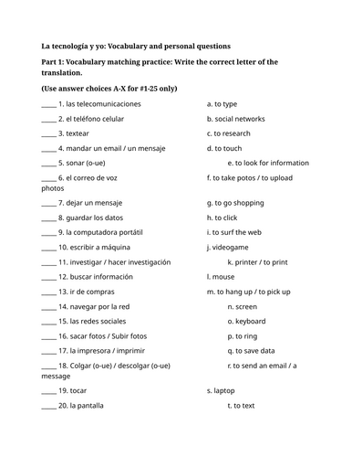 La tecnología y yo: Vocabulary and personal questions