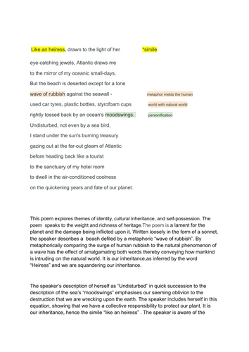 GCSE ENGLISH LITERATURE poetry analysis "Like an Heiress"