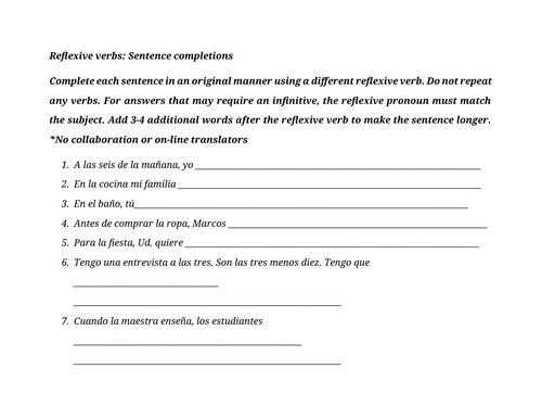 Reflexive verbs sentence completions