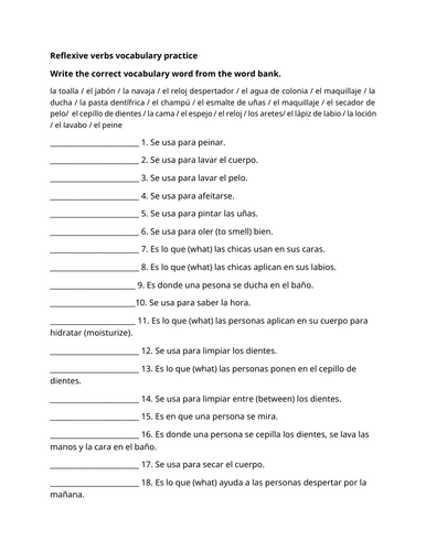 Reflexive verb vocabulary practice with conjugations