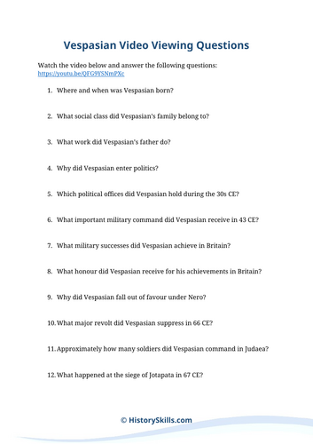Emperor Vespasian Video Viewing Questions Worksheet