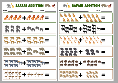 Addition to 20 - Maths worksheet - Safari  Animals theme