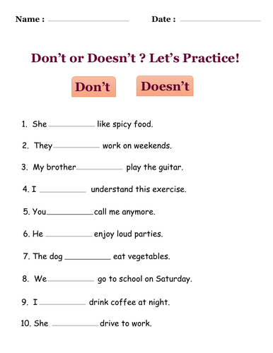 Don’t and Doesn’t Worksheets PDF | English Grammar Practice for ESL