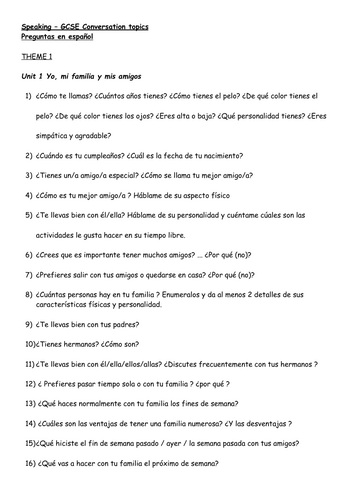 GCSE Spanish Useful Photo Card questions