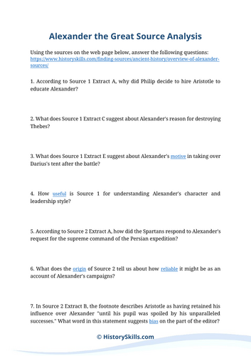 Overview of the Life of Alexander the Great Source Analysis Worksheet