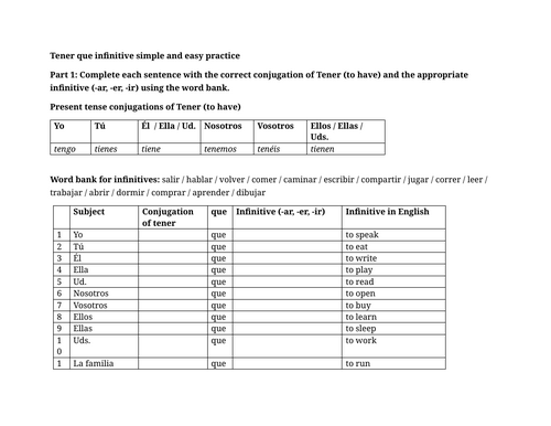 Tener que infinitive simple and easy practice | Teaching Resources