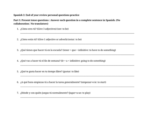Spanish 2: End of year review personal questions practice