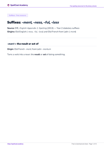 Suffixes: -ment, -ness, -ful, -less