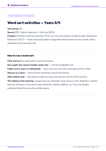 Word sort activities — Years 3/4