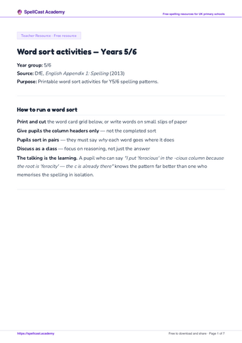 Word sort activities — Years 5/6