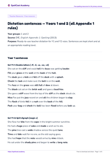 Dictation sentences — Years 1 and 2 (all Appendix 1 rules)