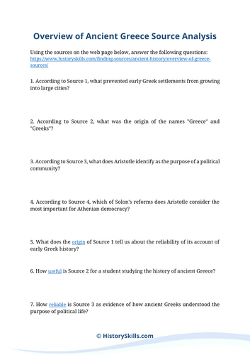 Introduction Overview of Ancient Greece Source Analysis Worksheet