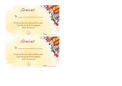 Spanish Certificate - 'Thank you' card to students to take home