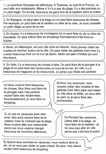 Les Vacances - Reading Comprehension