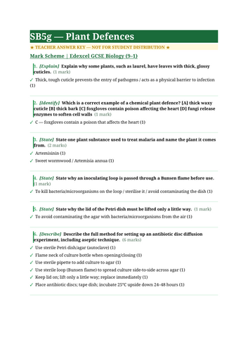 SB5g Plant Defences | Edexcel GCSE Biology Topic Mastery Pack