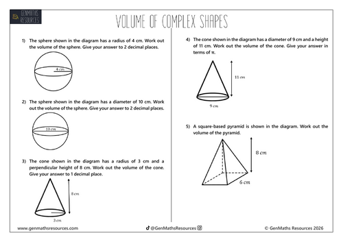 Volume of Complex Shapes (Spheres, Cones, Pyramids) - Maths GCSE Worksheet