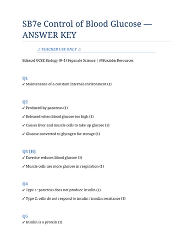 SB7e Control of Blood Glucose | Edexcel GCSE Biology Topic Mastery Pack