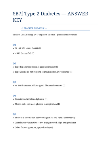 SB7f Type 2 Diabetes | Edexcel GCSE Biology Topic Mastery Pack