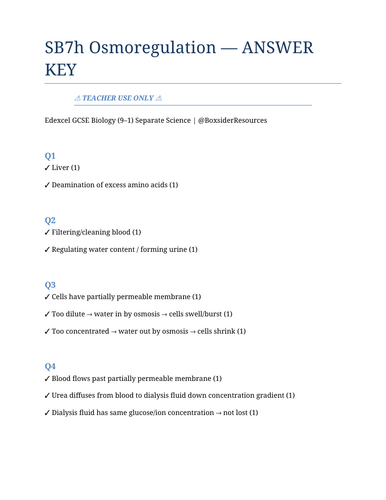 SB7h Osmoregulation | Edexcel GCSE Biology Topic Mastery Pack
