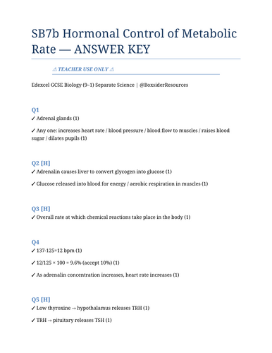 SB7b Hormonal Control of Metabolic Rate | Edexcel GCSE Biology Topic Mastery Pack