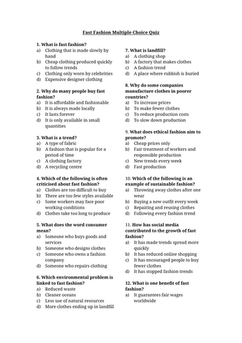 Fast Fashion Multiple Choice Quiz
