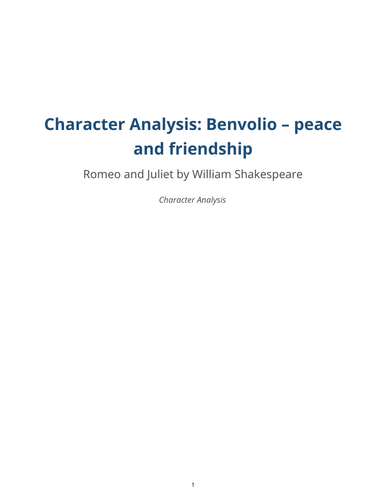 Romeo and Juliet – William Shakespeare – Character Analysis: Benvolio